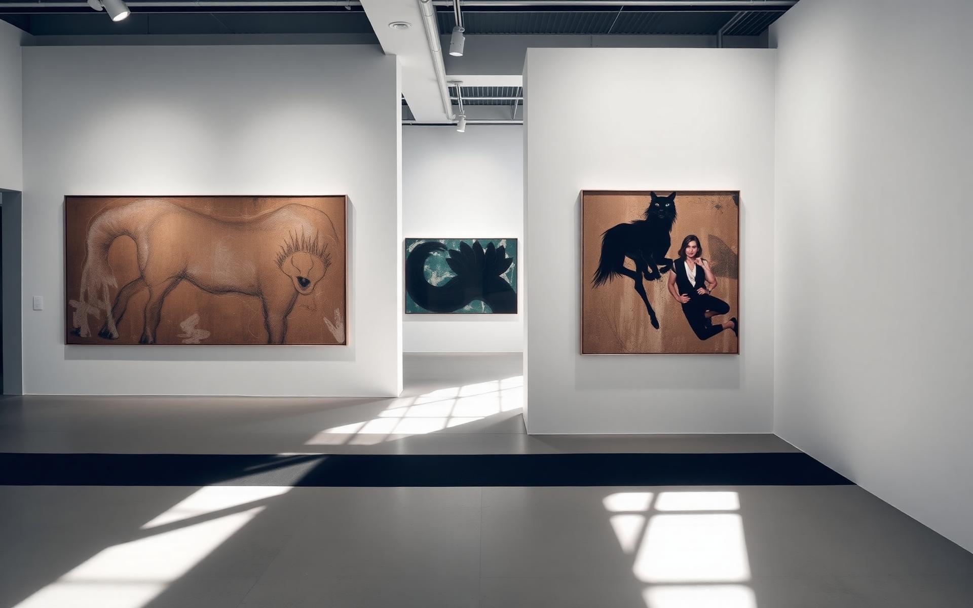 Interno di galleria d'arte contemporanea con opere di artisti emergenti in mostra